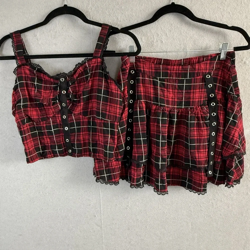 Social Collision Hot Topic Red Plaid‎ Tank Top M Academia Rock Goth Punk (*set)